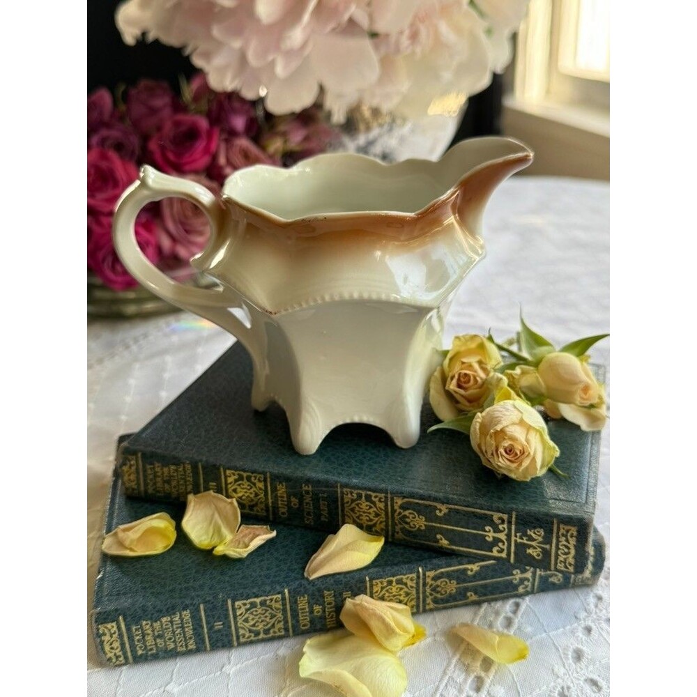 Rare Antique German Hand Painted Floral Footed Creamer Sepia Yellow Brown - Picture 9 of 16